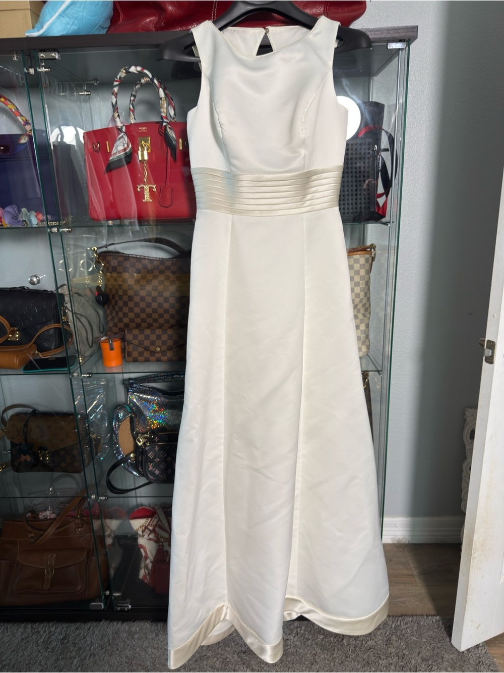 Mon Cheri Ivory Satin Sleeveless A-Line Gown